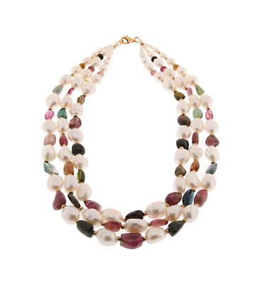 Lot 743 - Necklace with Pearls, Multi Color Tourmaline and Gold Lock