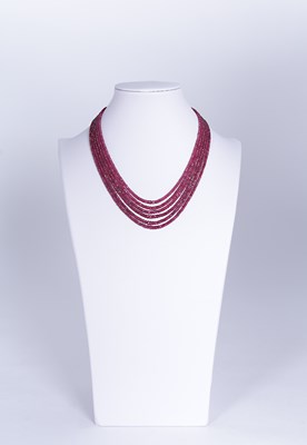 Lot 841 - 6-Strand Ruby Necklace with White Gold Lock