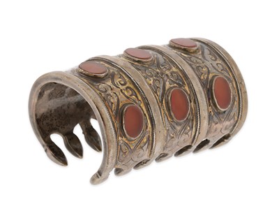 Lot 138 - A Fire-Gilded Silver and Carnelian ‘Bilezik’ Cuff Bracelet.