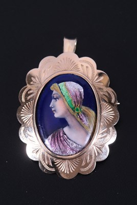 Lot 6 - Antique 14K French Painted Enamel Portrait Pendant