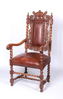 Lot 152 - Renaissance Revival Antique Carved Oak Barley Twist Hall Armchair