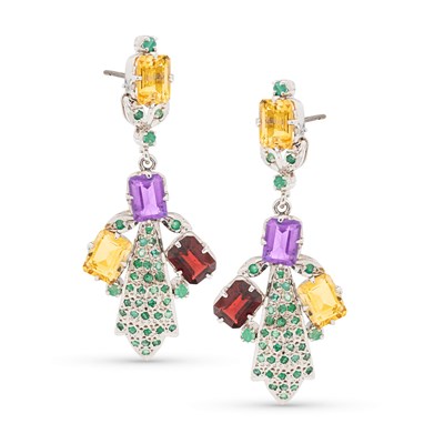Lot 32 - Silver Ear Hangers with Citrine, Emerald, Amethyst, Garnet