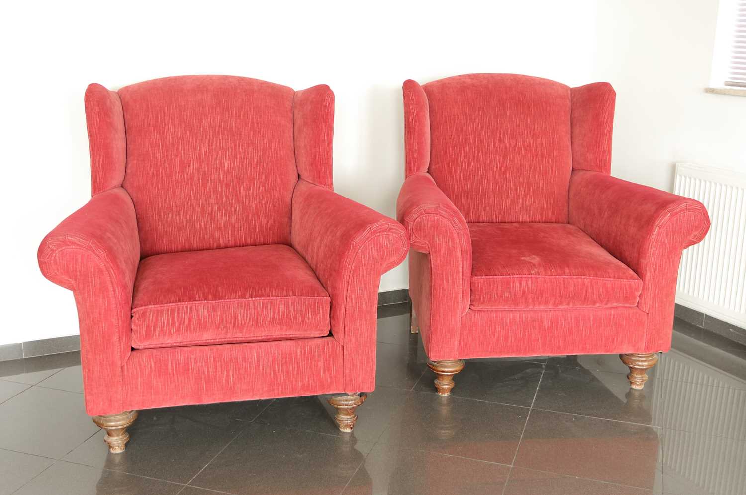 Lot 1 - A Pair of Red Upholstered Armchairs
