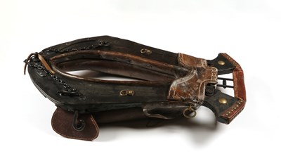Lot 621 - Antique leather and wood horse collar harness, decorated with studs