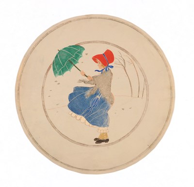 Lot 113 - Rie Cramer (1887-1977) - Meisje met paraplu in de wind (Aquarel)